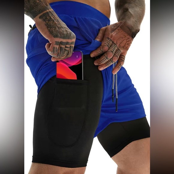 Men double layer gym workout shorts with inner pocket - Picture 10 of 16